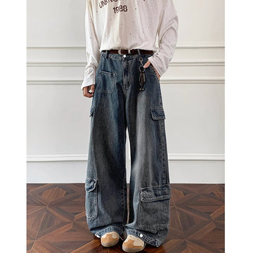 Men Workwear Cargo Jeans New Multi Pocket Loose Straight Leg Baggy Streetwear Denim Pants Urban Casual Trousers 2025 Autumn